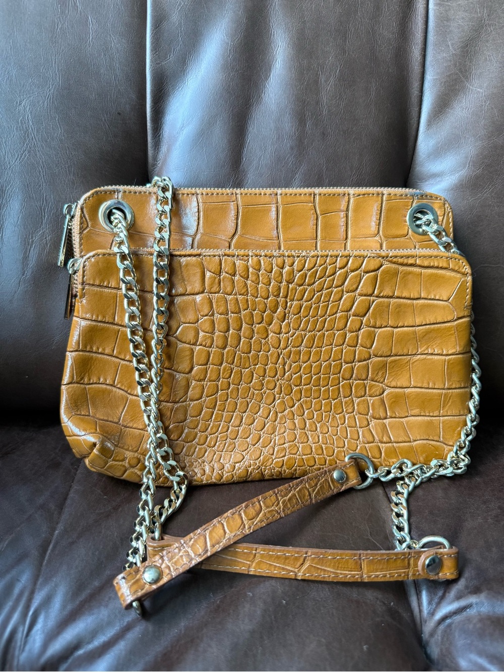 Croc Embossed Leather Shoulder Bag Camel Brown Chain Strap Crossbody Purse